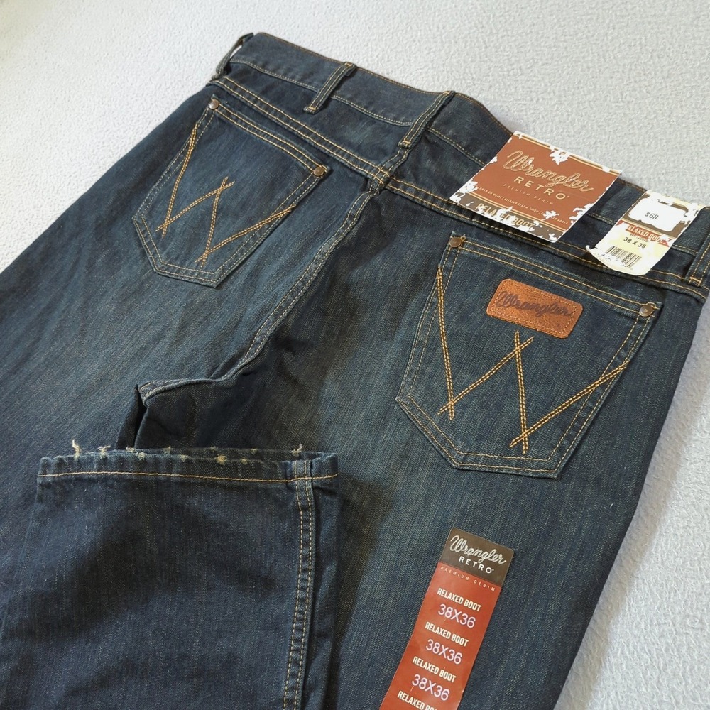 Wrangler Retro Relaxed Bootcut Jeans Mens 38x36 Dark Wash Distressed Denim NWT